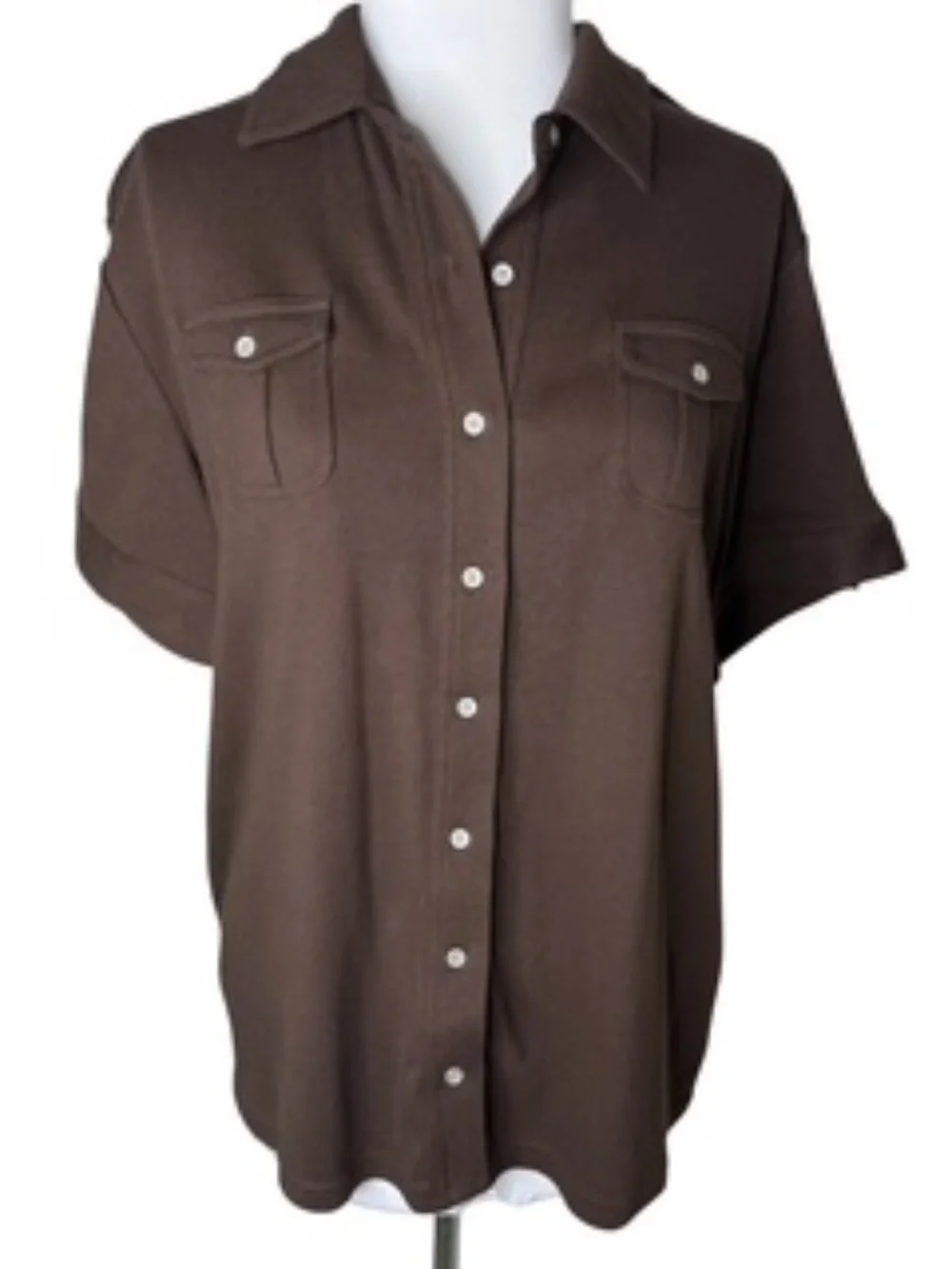 NWT Karen Scott Chocolate Short Sleeve Button-Down 2 Chest Pocket Top Size 1X